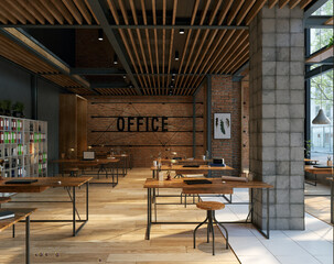 open office space with wooden floors and brick walls