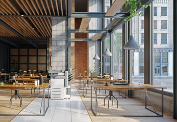 A large open office space with wooden floors and brick walls, 3d render
