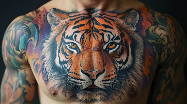 A colorful chest tattoo of a tiger, featuring realistic fur textures and intense eyes