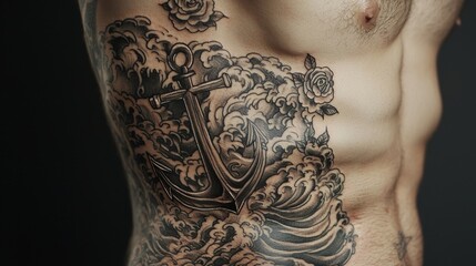 A manâ€™s ribcage tattoo, depicting a detailed anchor surrounded by roses and waves