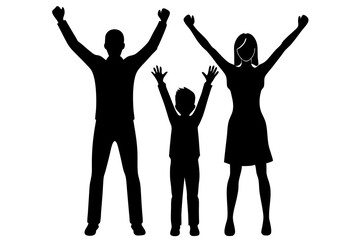 Excited Family Cheering with Arms Raised, Vector Illustration, Group Celebration