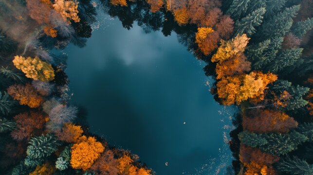 Lake among deep autumn forest aerial view image. Travel destination. Dark pond with trees on banks photography scene wallpaper. Virgin nature calm scene concept photorealistic photo