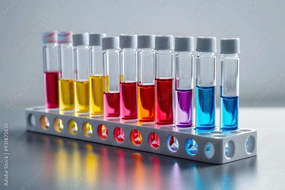 Poster colorful test tubes displaying various liquid solutions in a laboratory setting