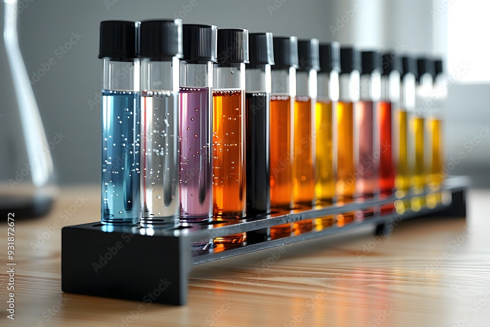 Poster colorful test tubes displaying various liquid solutions in a laboratory setting