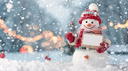 Fototapeta premium Winter arrival concept with Snowman with a blank placard in his hand
