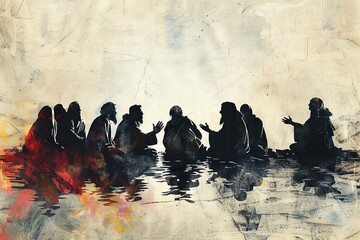 A minimalist portrayal of Jesus distributing bread and fish to a group of people, featuring simple figures and gentle colors. The design conveys a sense of community 