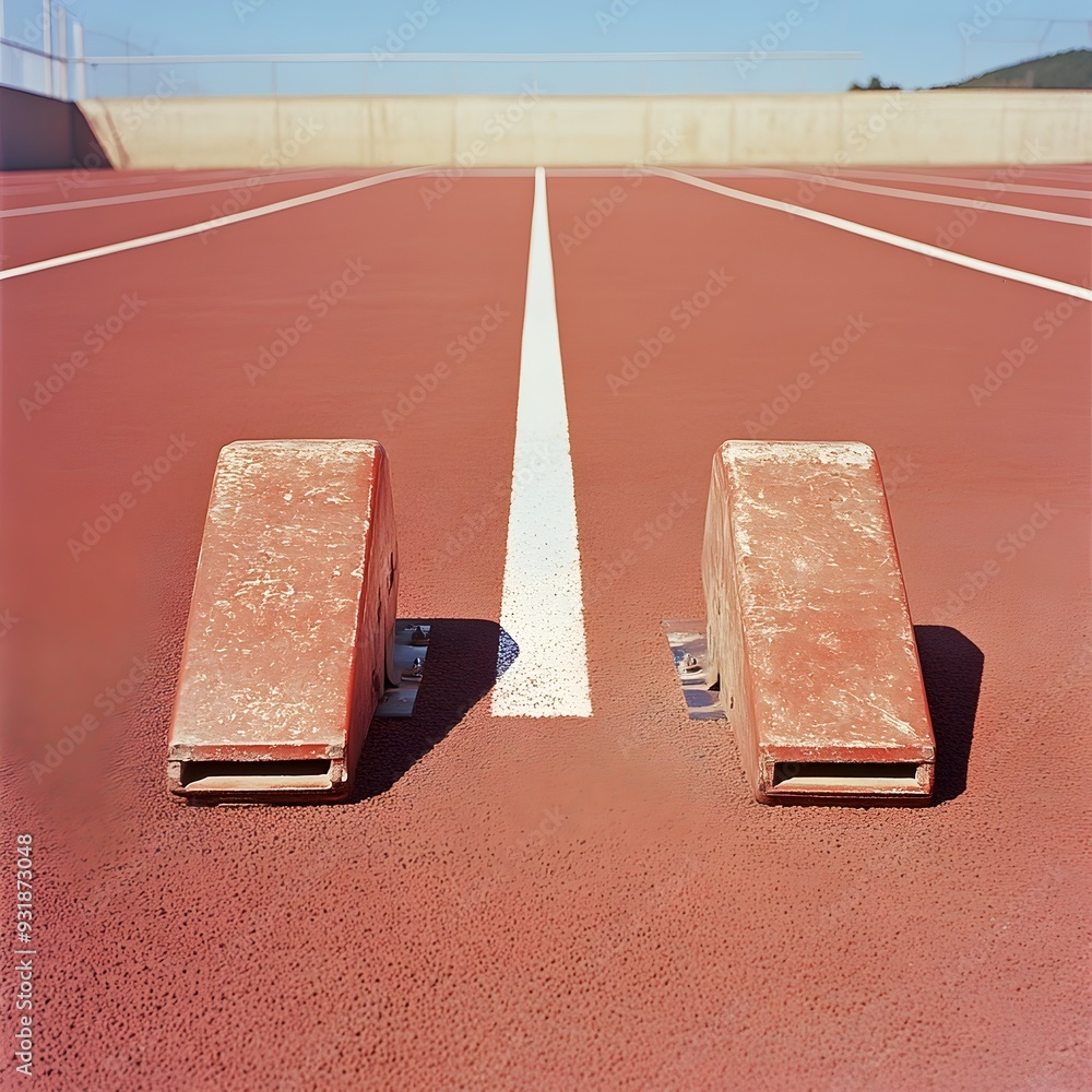 Poster pair of starting blocks positioned on a track lane ready for an athletic competition or race the ima
