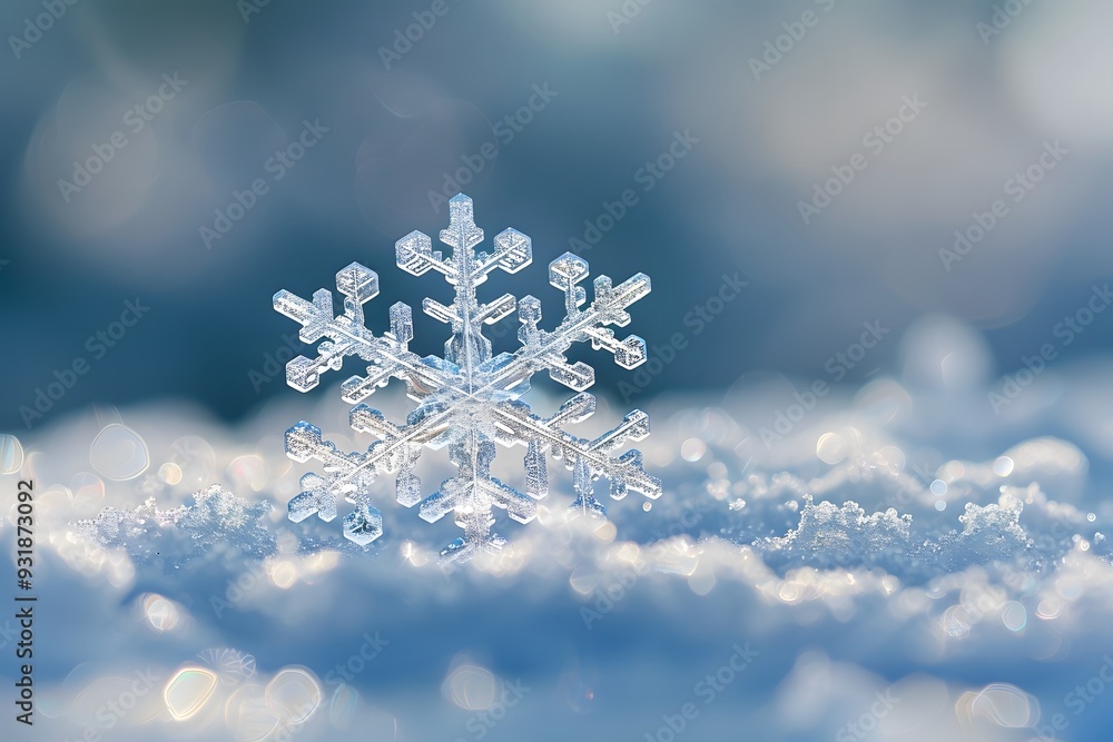 Poster delicate snowflake on a blanket of snow with sparkling background