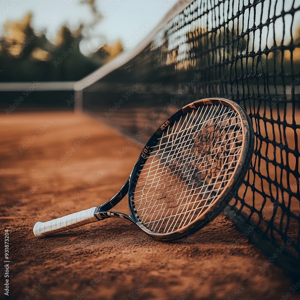 Poster image of a tennis racket resting against the net on a clay tennis court capturing the essence of com