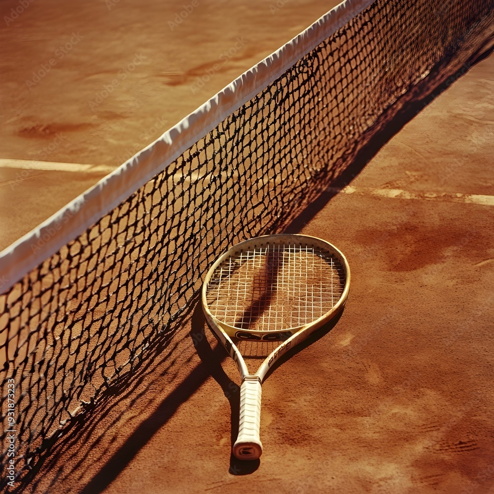 Aufkleber a tennis racket leaning against the clay court net with ample copy space at the top for text overlay