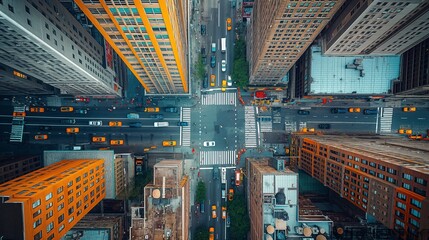 City traffic and commercial buildings aerial view image. Downtown district with driving cars and skyscrapers photography scene wallpaper. Urban landscape concept photorealistic photo