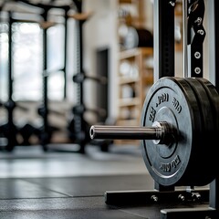 Fototapeta premium Barbell on a Squat Rack in a Well Equipped Gym Ready for Weightlifting Exercises and Intense Training Sessions to Build Strength and Muscle