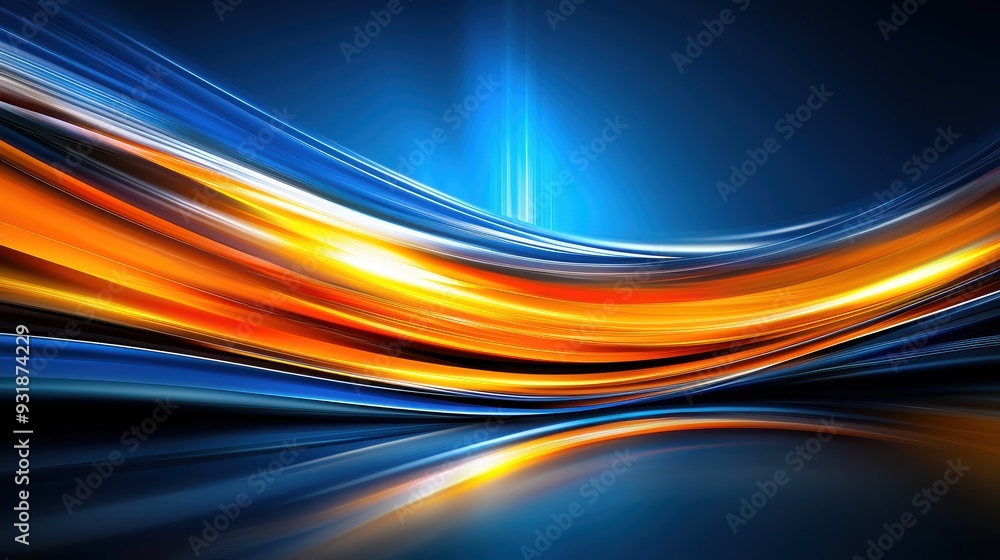 Poster vibrant abstract waves in blue and orange colors, creating dynamic flow. image conveys energy and mo