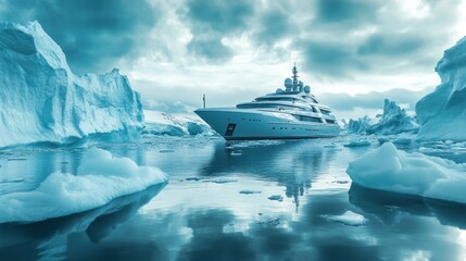 A Luxurious Yacht Navigating Through an Iceberg-Filled Arctic Landscape