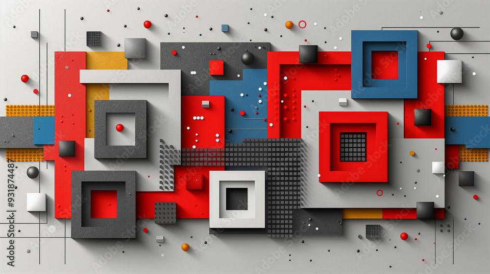 Poster abstract geometric composition with bold colors and 3d shapes..