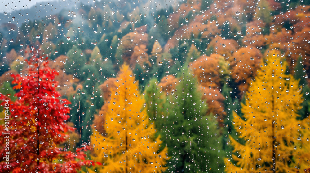 Poster autumn forest through raindrop-covered window..