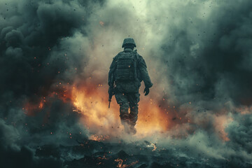 Fototapeta premium Determined soldier wades through battlefield smoke