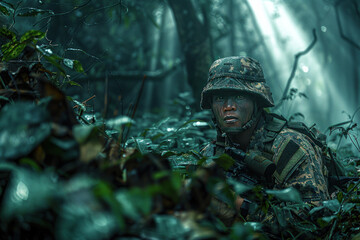 Lone soldier poised in shadowy forest ambush