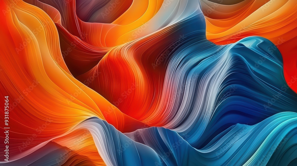 Poster vibrant abstract waves in red, orange, and blue create dynamic visual experience. flowing patterns e