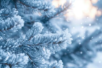 Frosty Spruce Branches.Outdoor frost scene. Snow winter background. Nature forest light landscape. Beautiful tree and sunrise sky. Sunny, snowy, scenic, snowfall