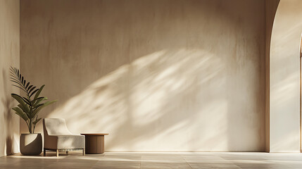 Minimalist living room with a beige wall, a comfortable chair, and a small side table. The light streams in from a window, casting shadows on the wall.
