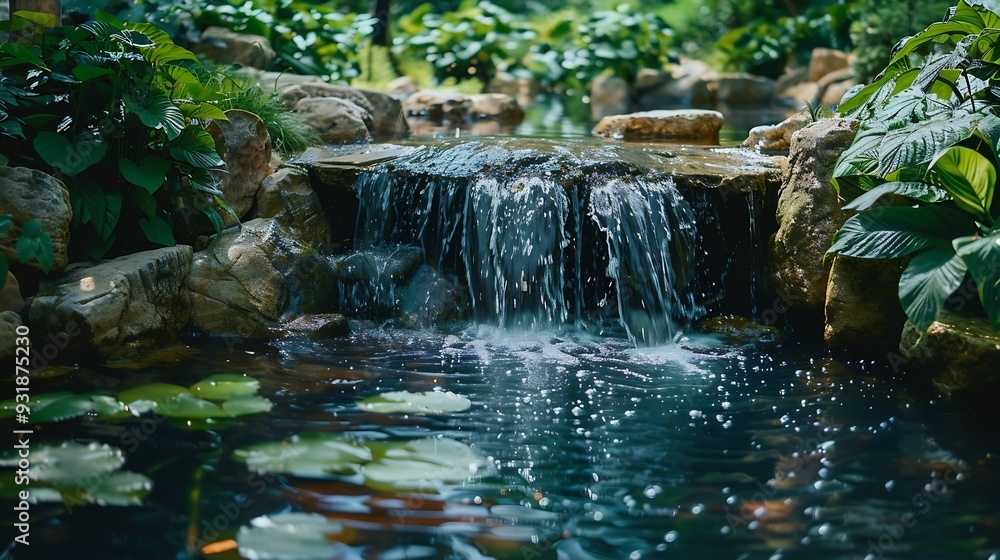 Poster green cozy garden with a small waterfall and rocks and structures in the pond : generative ai