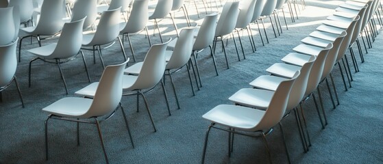 Fototapeta premium Rows of White Plastic Chairs Arranged in a Curved Pattern on a Blue Carpet