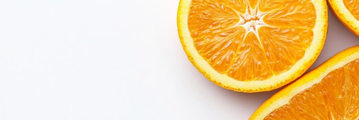 Fototapeta premium freshly cut orange, revealing the intricate details of its pulp and juice sacs, with a vibrant yellow and orange color contrast against a minimalist white background for a healthy and exotic look