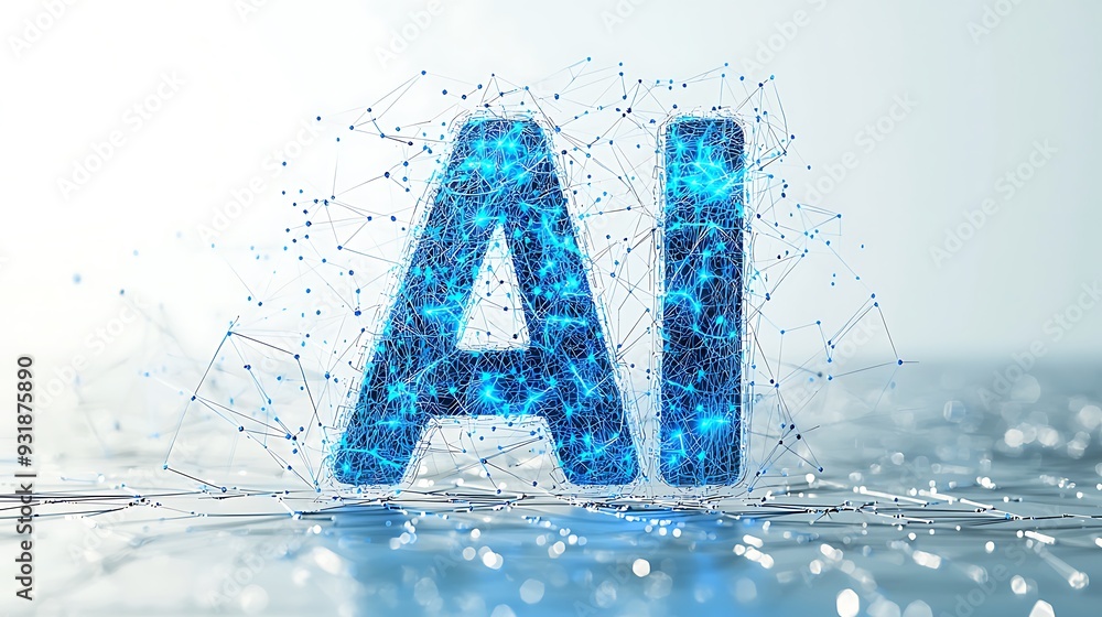 Aufkleber ai concept: a blue 3d network render showcases ai concepts with a focus on digital connections and t