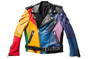A unique leather jacket with a striking design, isolated on a white background.