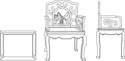 Vector sketch illustration silhouette design of antique ethnic vintage chair furniture full of carved ornate wooden ornaments