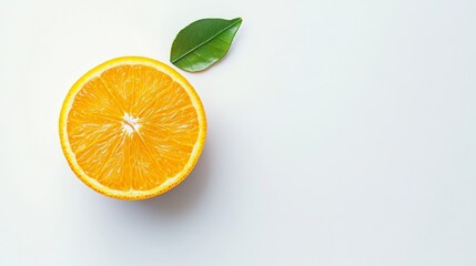 A detailed macro shot of a cut orange half, highlighting the bright yellow citrus pulp and vibrant, juicy texture, with a single green leaf for added freshness, isolated on a pristine white background