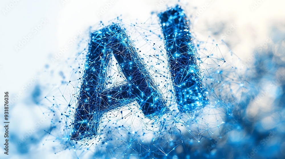 Poster ai network connection: a 3d digital abstract featuring blue glowing letters represents ai network co