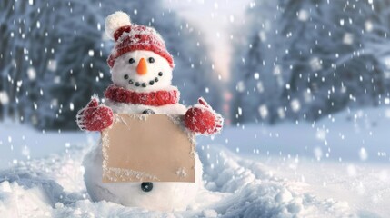 Winter arrival concept with Snowman with a blank placard in his hand