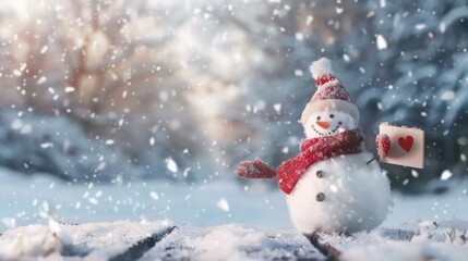 Fototapeta premium Winter arrival concept with Snowman with a blank placard in his hand