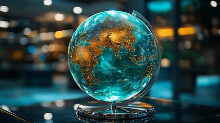 Glowing Earth Globe: A glowing Earth globe on a stand with a bokeh background highlights the beauty and significance of our planet in a visually captivating manner.