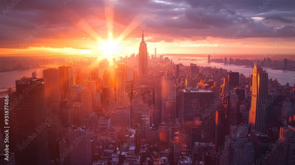 Canvas Prints Sunset over Manhattan Skyline with Sun Rays