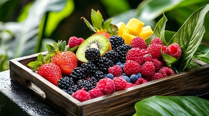 Fresh Summer Fruit Mix in Wooden Tray Raspberries Strawberries Blackberries Kiwi Mango