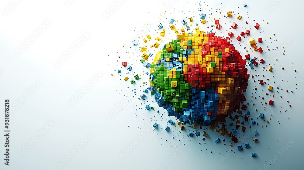 Aufkleber an abstract colorful cube sphere appears to explode on a white background, illustrating a burst of e