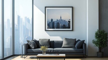 Modern Living Room with City View and Framed Artwork