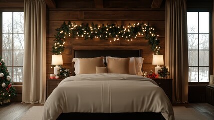 A bedroom with a Christmas tree and a Christmas wreath on the wall. The bed is covered in white sheets and pillows