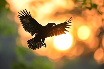 Fototapeta premium Majestic Bird in Flight Against a Stunning Sunset Background