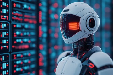 Futuristic robot with digital visor in data center surrounded by glowing servers.