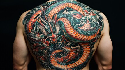 A back tattoo of a large dragon, coiled and surrounded by flames, with vibrant colors and intricate...