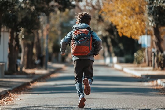 Little kids schoolchildren pupils students running hurrying to the school building for classes