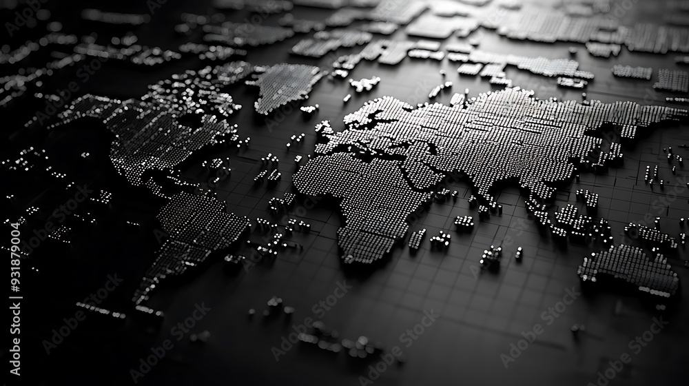Poster an abstract 3d world map features a global network, with a pixelated globe emphasizing digital conne