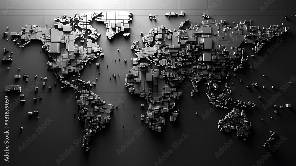 Poster a 3d world map in an abstract block design is set against a gray background, offering a minimalist a