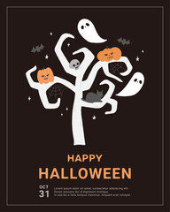 Halloween hand drawn  illustration poster with tree, ghosts and pumpkin.