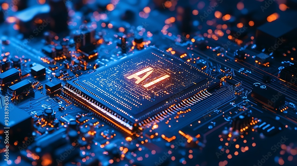 Poster an ai chip on a circuit board glows with lights, symbolizing the power and innovation of artificial 
