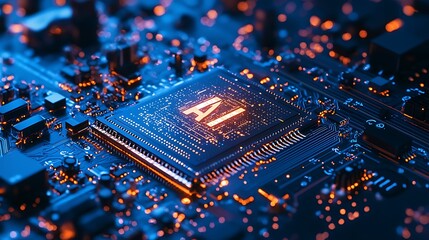 An AI chip on a circuit board glows with lights, symbolizing the power and innovation of artificial intelligence.